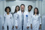 Médico de Família Bruno Stelet (ao centro), com os colegas Mariana Brettas, Monique Oliveira, Thiago Alleyne e Fabiane Panozo, da Clínica da Família Victor Valla: "Especialidade me permitiu oferecer atenção longitudinal". — Foto: Eduardo de Oliveira.